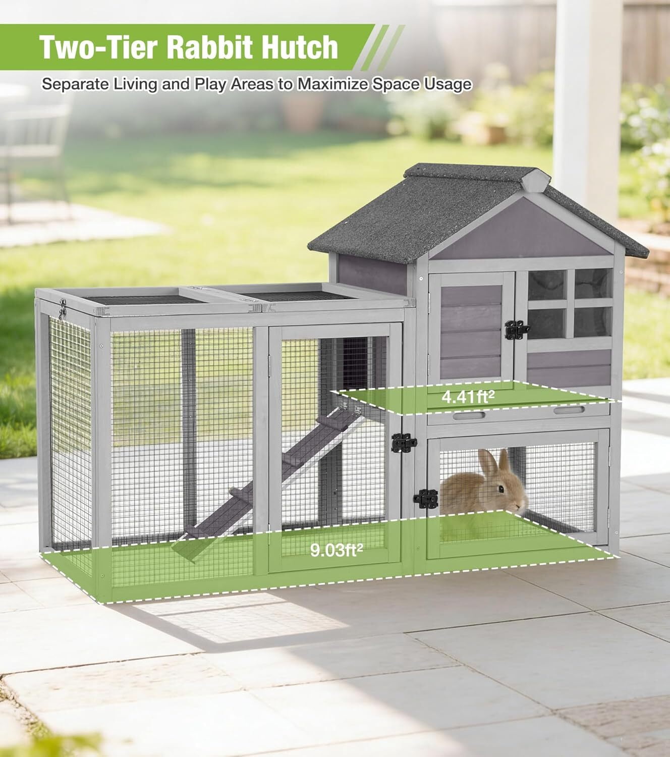 Aivituvin Rabbit Hutch Indoor Outdoor Chicken Coop, 51.6" L Wooden Rabbit Cage with No Leakage Plastic Tray, Rainproof Asphalt for Chicken,Guinea Pig, Bunny Hutch(Gray)