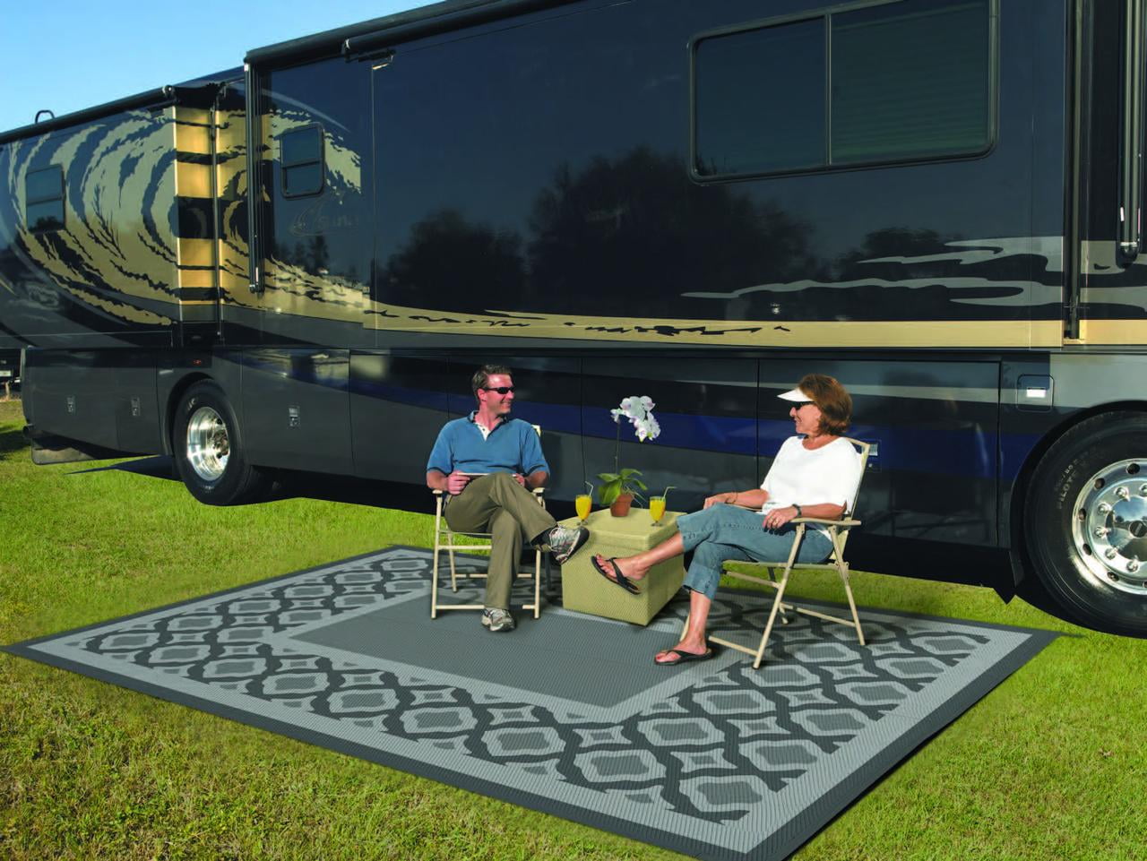 Auto Drive 6' x 9' Linked Geo Gray Reversible RV Outdoor Patio Mat, 100% Polypropylene