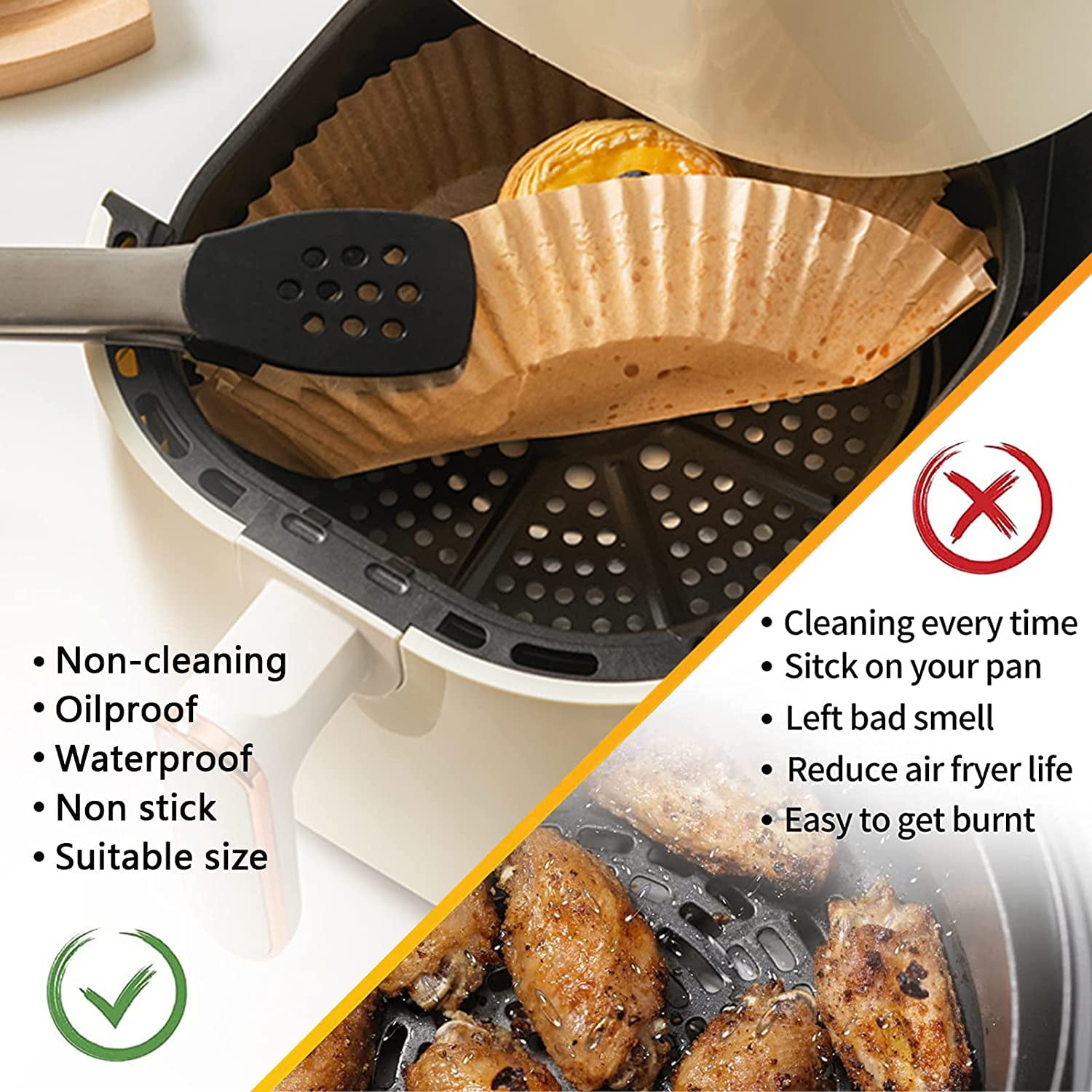 JJEAN-Air Fryer Liners 9 Inch, Airfryer Liners Disposable Square for COSORI 6Qt and Ninja 5QT AF141, Air Fryer Paper Liners for 5-8QT Basket, Non-Stick Air Fryer Parchment Paper Liners Oil Resistant