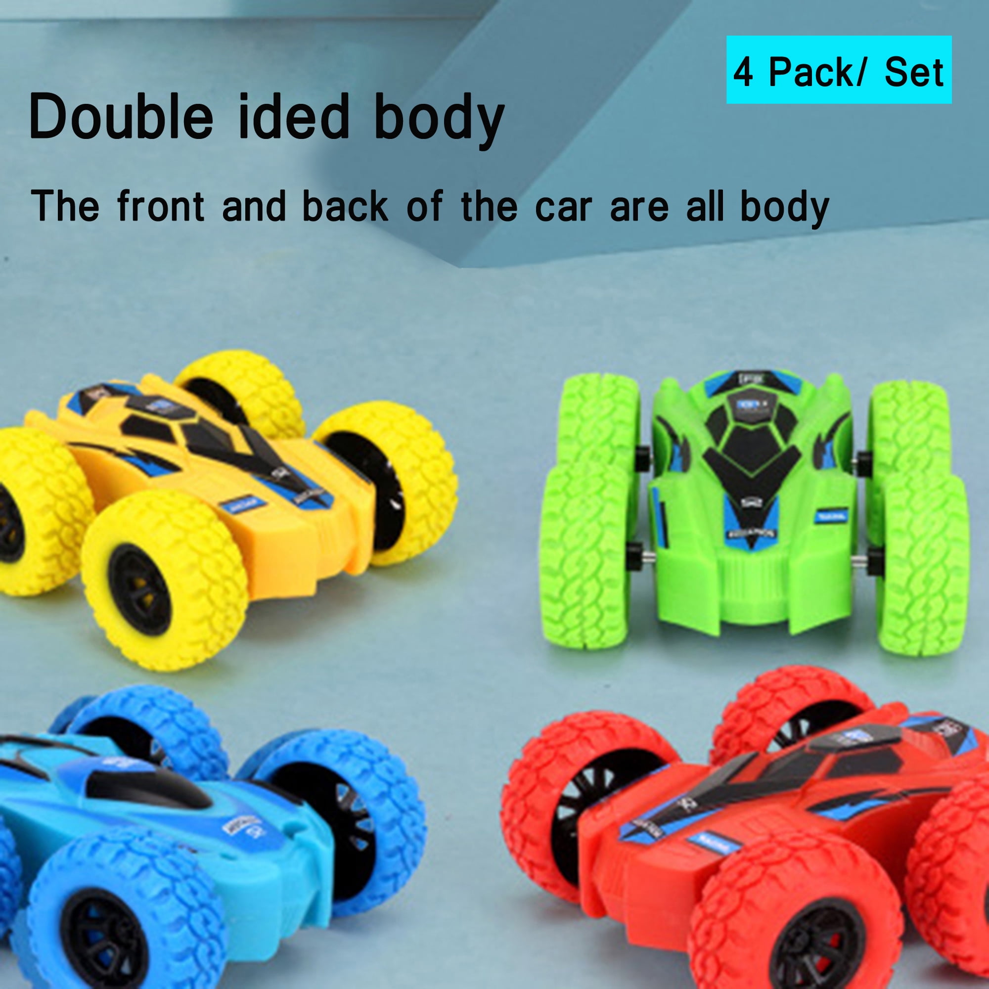 SAYFUT 4 Pack Friction Powered Car Toys Set, Double-sided Stunt Flip Inertia Car, Push and Go Toy Cars for Toddlers, Powered Pull Back Toys Vehicle 360 Rotation, Gifts for 3 4 5 6 7 8 Year Old Boy