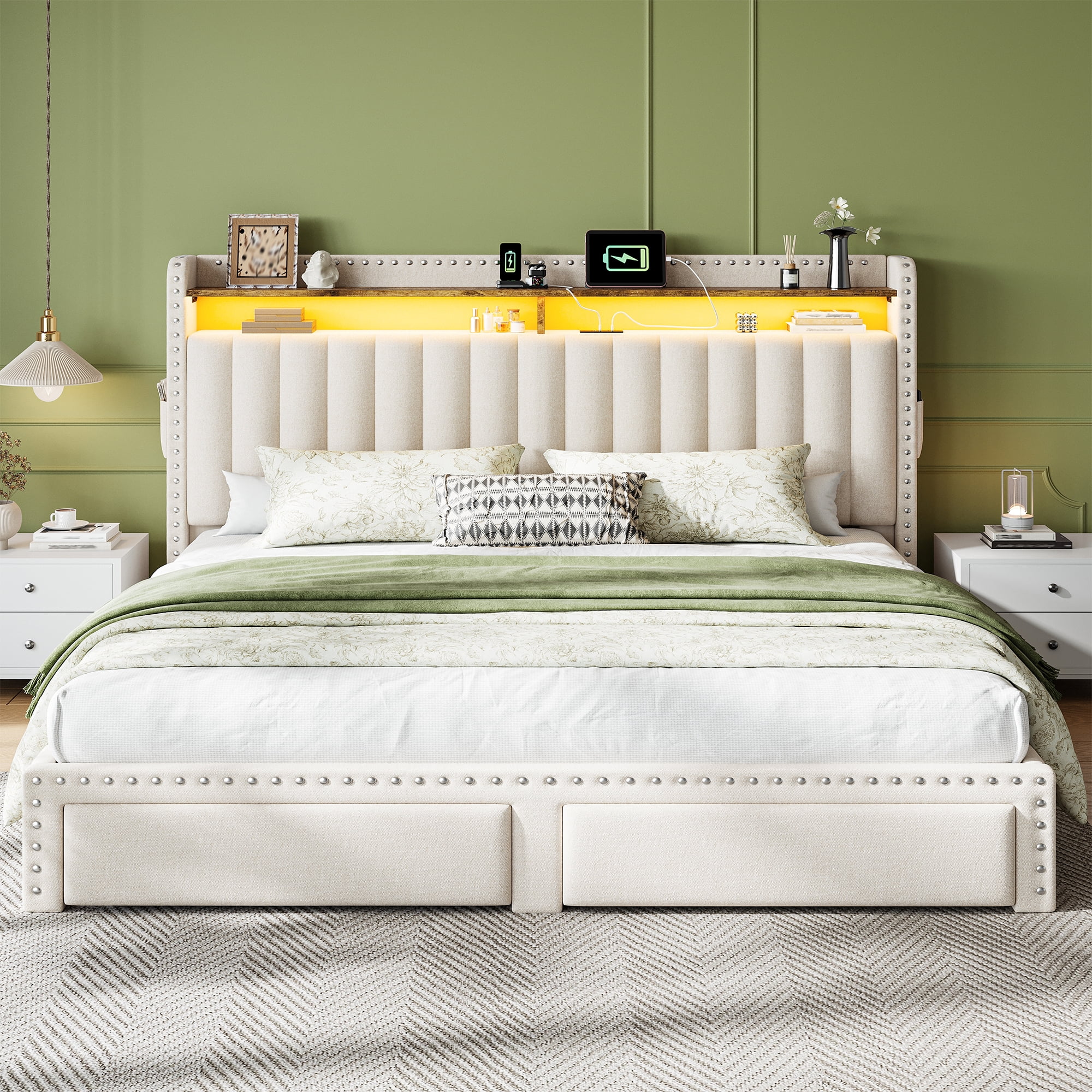 King Size Bed Frame with 2 Storage Drawers Upholstered Bed Frame with 2-Tier Storage Headboard & Charge Station & LED Light,Beige