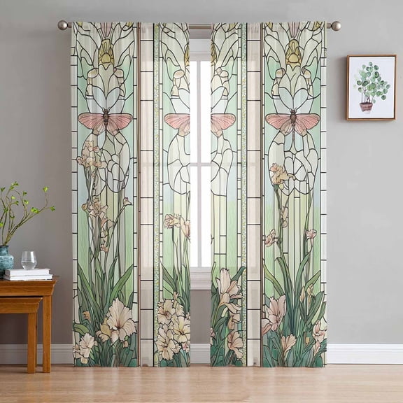 Sheer Curtains 108 Inches Long, Vintage Stained Glass Green Spring Light Filtering Window Curtains for Living Room, Butterfly Flowers Rod Pocket Voile Sheer Curtain Drapes, 52"W x 108"L, 2 Panels