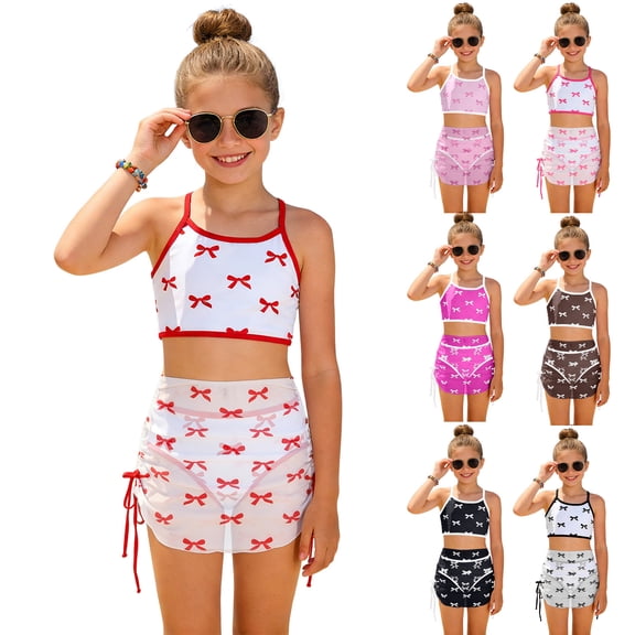 Pandaie Girls Swimsuits 3 Piece Bathing Suit Bow Print Bikini Set with Cover up Skirt Kids Summer Beach Swimwear 10Y Black
