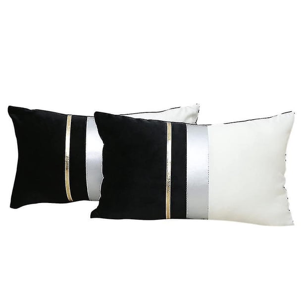 Funda de almohada lumbar de terciopelo de retazos negros con cojín de cuero a rayas doradas para decoración de sofá de dormitorio