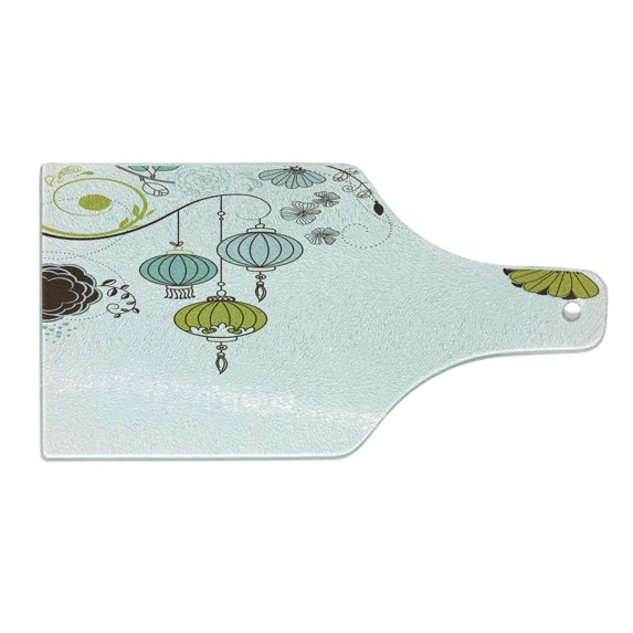 Lantern Cutting Board, Abstract Expression of Coming of New Year in China Vibrant Colors, Decorative Tempered Glass Cutting and Serving Board, Wine Bottle Shape, Apple Green Sky Blue, by Ambesonne
