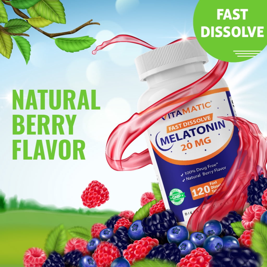 Vitamatic Melatonin 20 mg Fast Dissolve Vegetarian Sleep Aid, 3 Pack, 360 Tablets