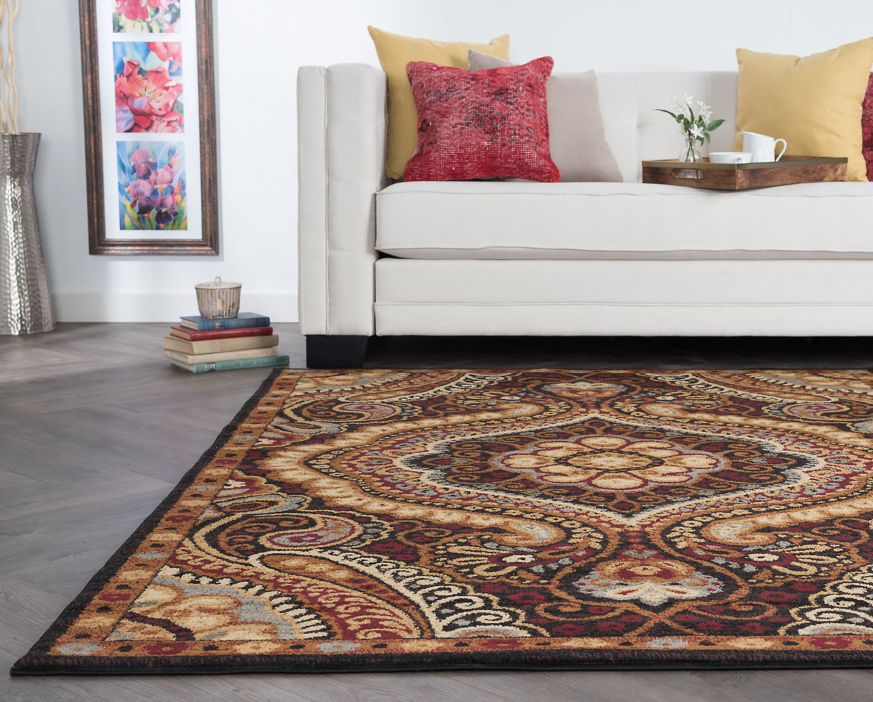 Transitional 8x10 Area Rug (7'6'' x 9'10'') Paisley Black, Red Living Room Easy to Clean
