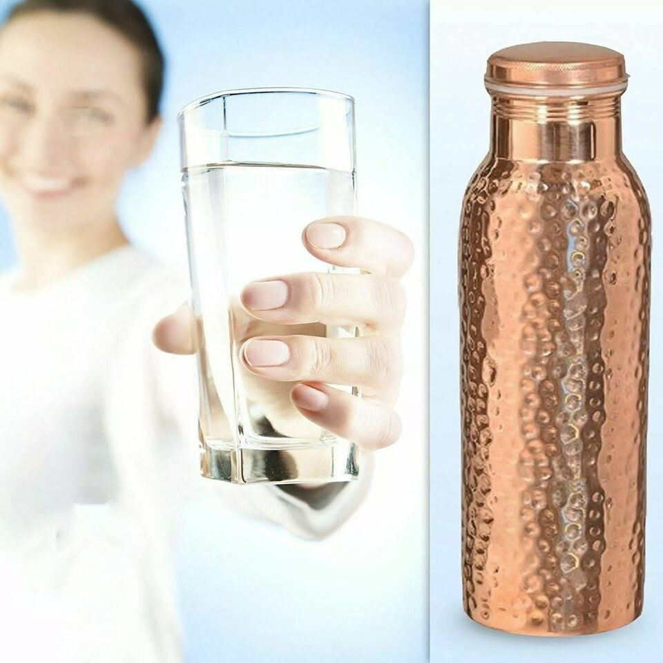 2 X Pure Copper Hammered Water Bottle For Ayurveda Health Benefits Leak Proof 100%
