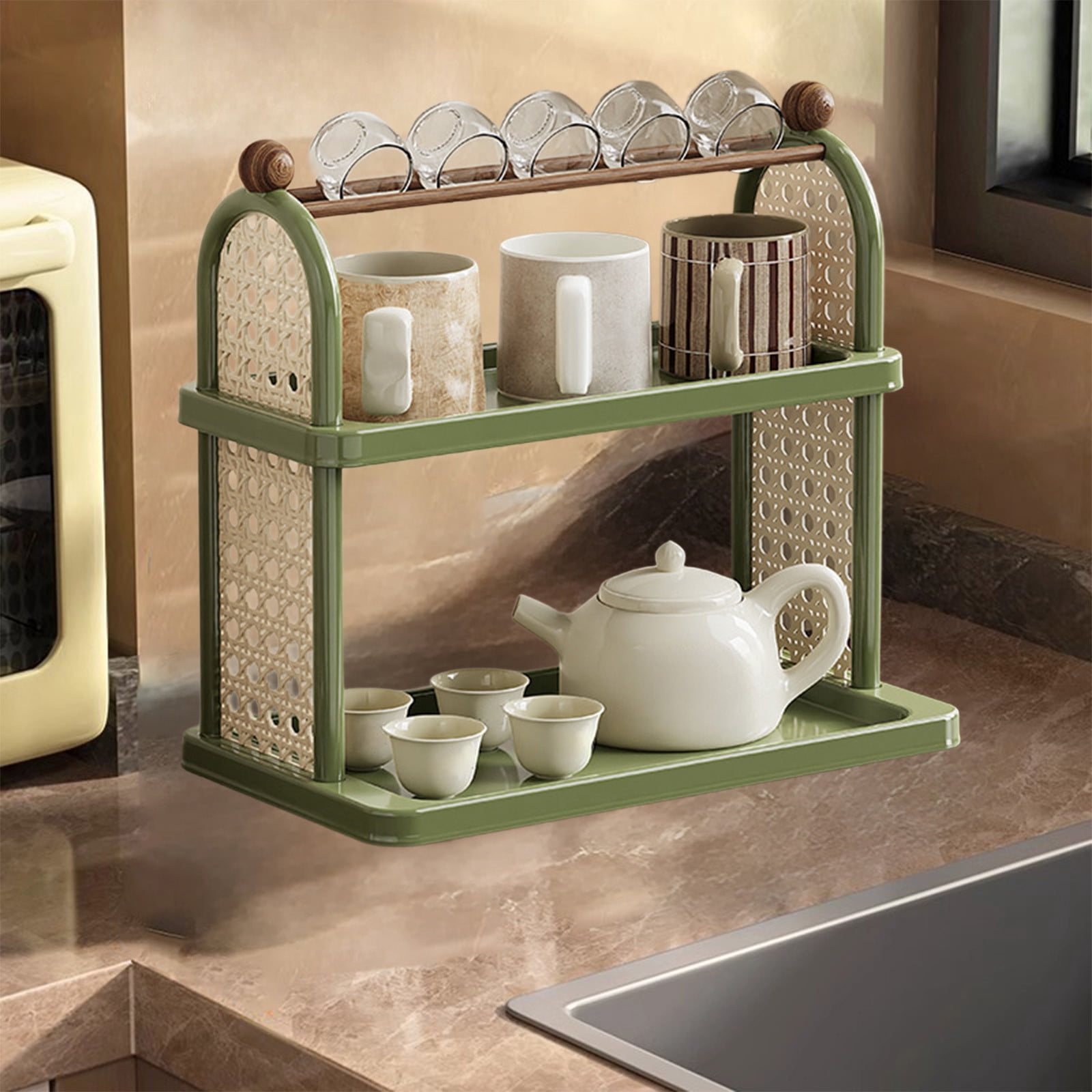 SHENGXINY Desk Organizer, Multi-Layer Desktop Organizer Shelf & Rack, Cup Tea Storage Holder, Multi-Function Organizer for Kitchen Desktop Green 14.02x13.19x7.95in