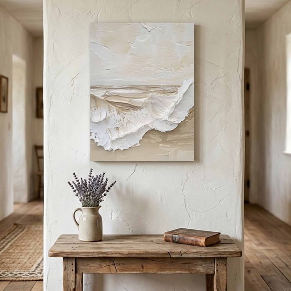 Ocean Waves Canvas Wall Art for Living Room Bedroom Bathroom, Abstract Coastal Beach Boho Beige White Canvas Art Wall Decor, Artwork for Walls Home Office Decor, 12"x18"