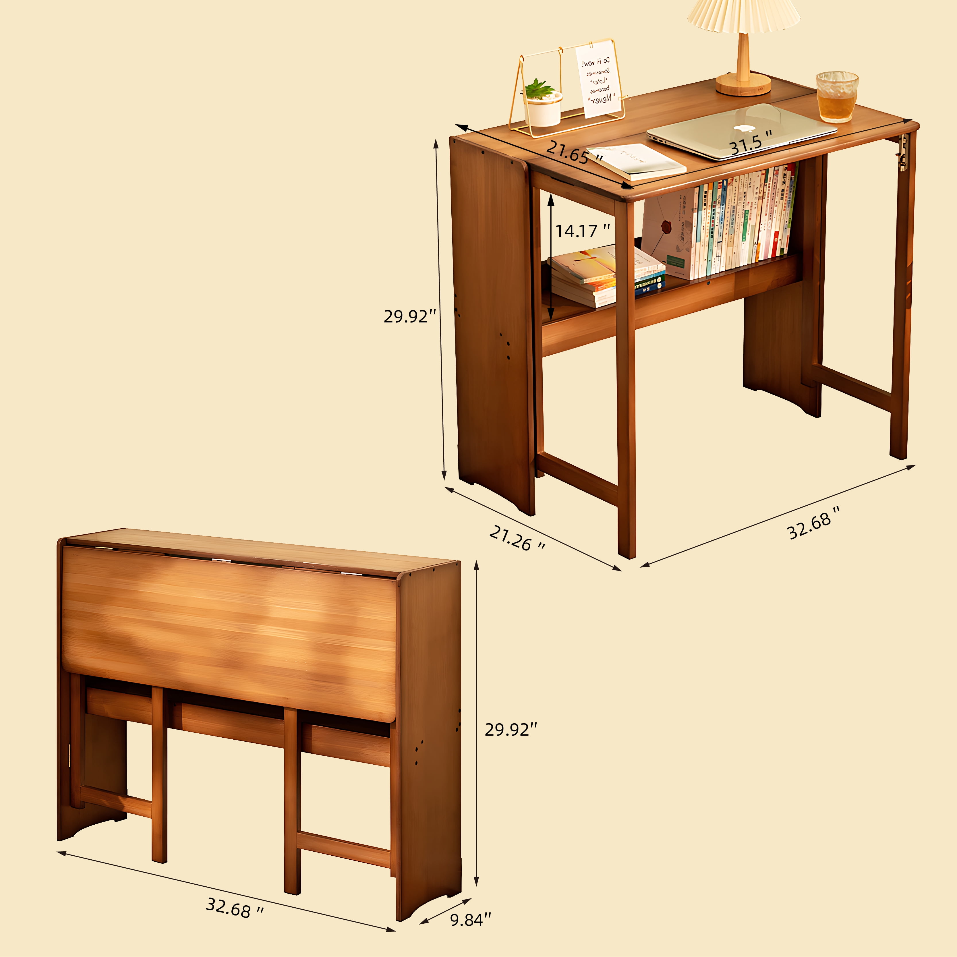 Bamboo Folding Desk, Space-Saving Foldable Computer Study Table with Storage Shelves for Bedroom Home Office Dorm Apartment
