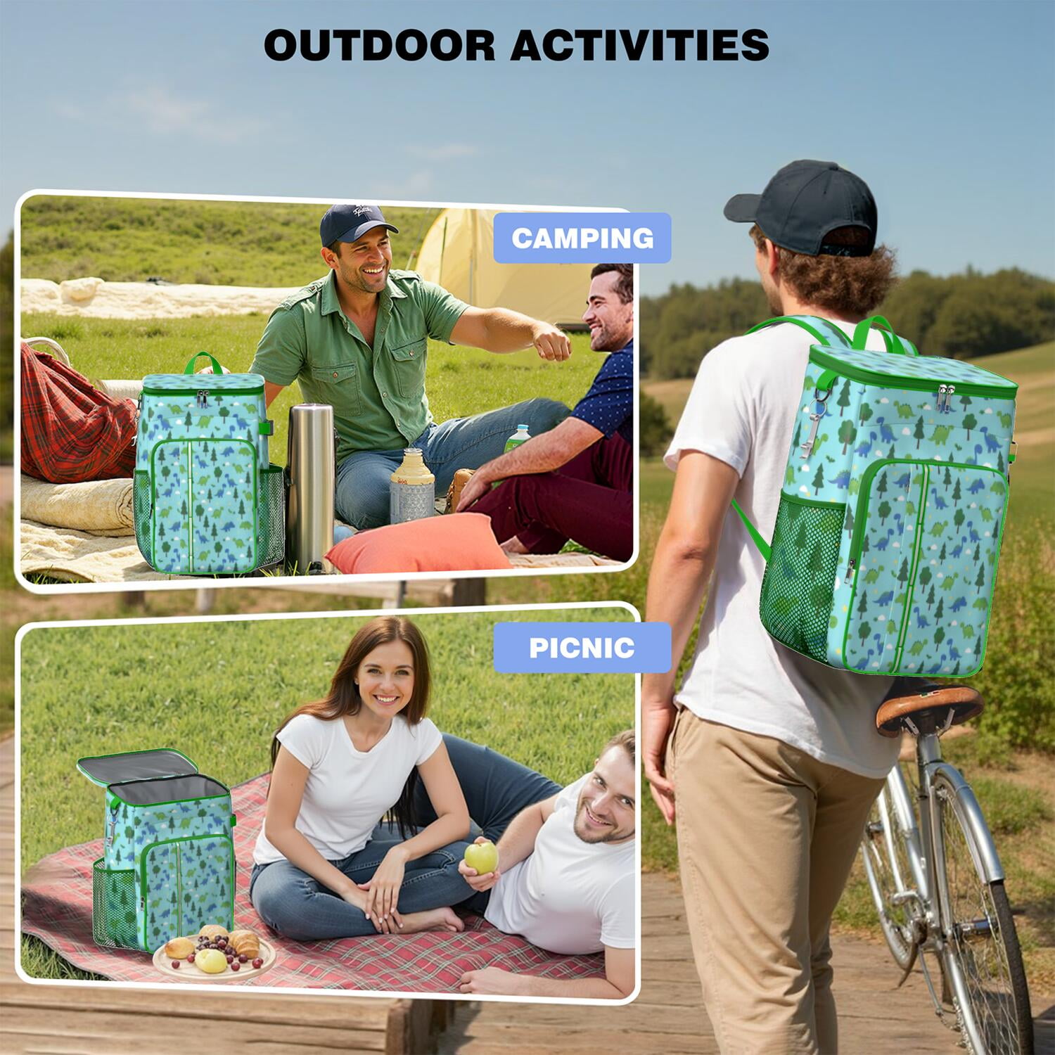 Travel Cooler Bag - Light Blue Dinosaurs Forest Pattern Camping Beer Cooler Backpack with Bottle Opener- Waterproof Insulated Picnic Backpacks - Cooler Bag for Beach