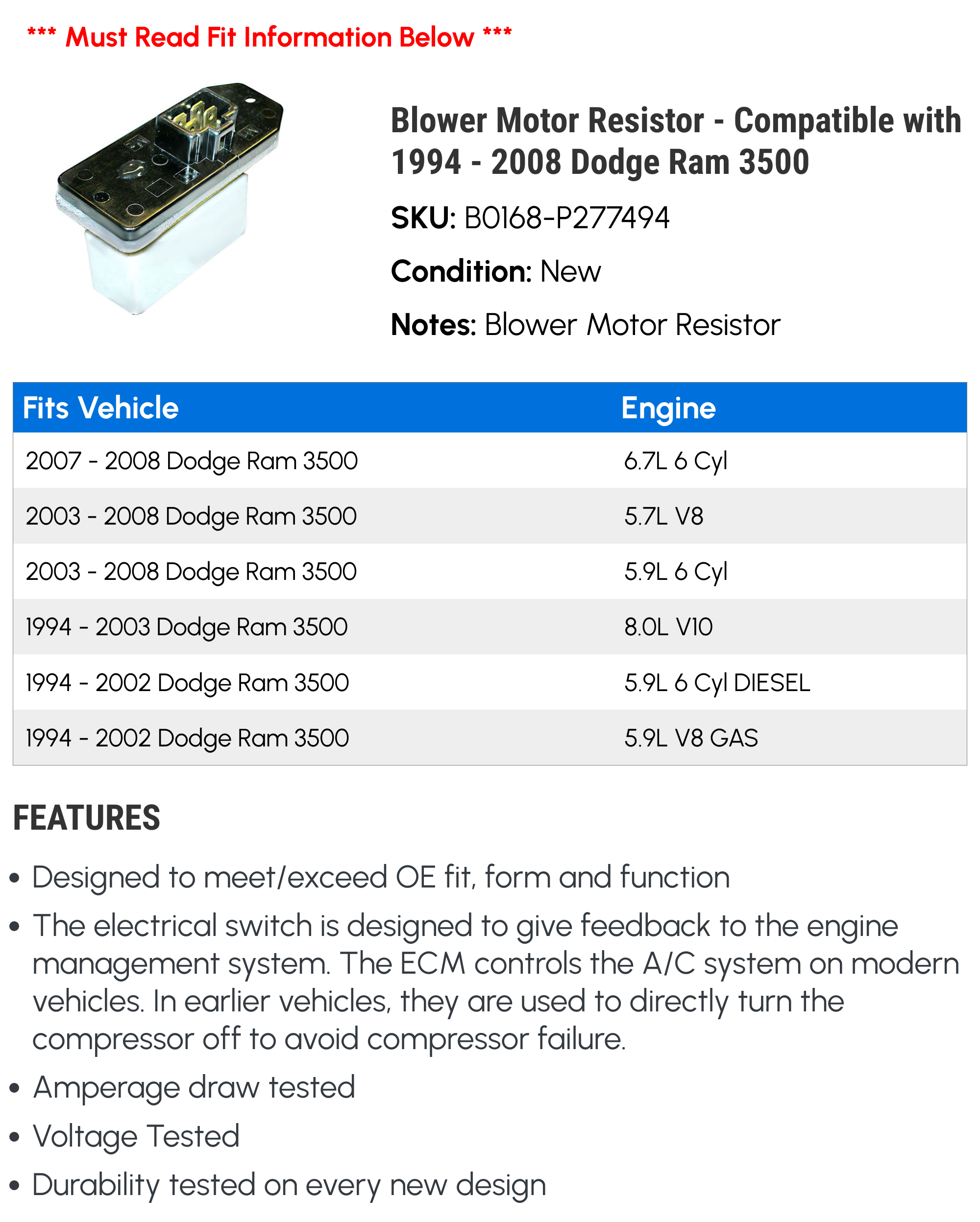 Blower Motor Resistor - Compatible with 1994 - 2008 Dodge Ram 3500 1995 1996 1997 1998 1999 2000 2001 2002 2003 2004 2005 2006 2007
