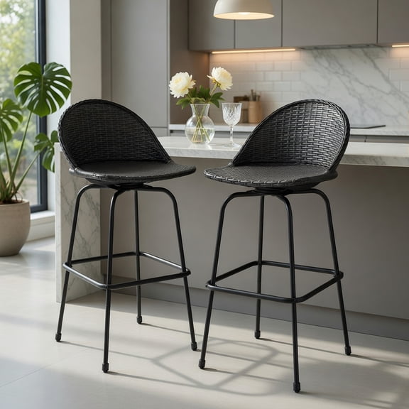 Resenkos Kitchen Counter Bar Chairs, Bar Stools,Set of 2 Rattan Swivel Barstools with Curved Back-Black