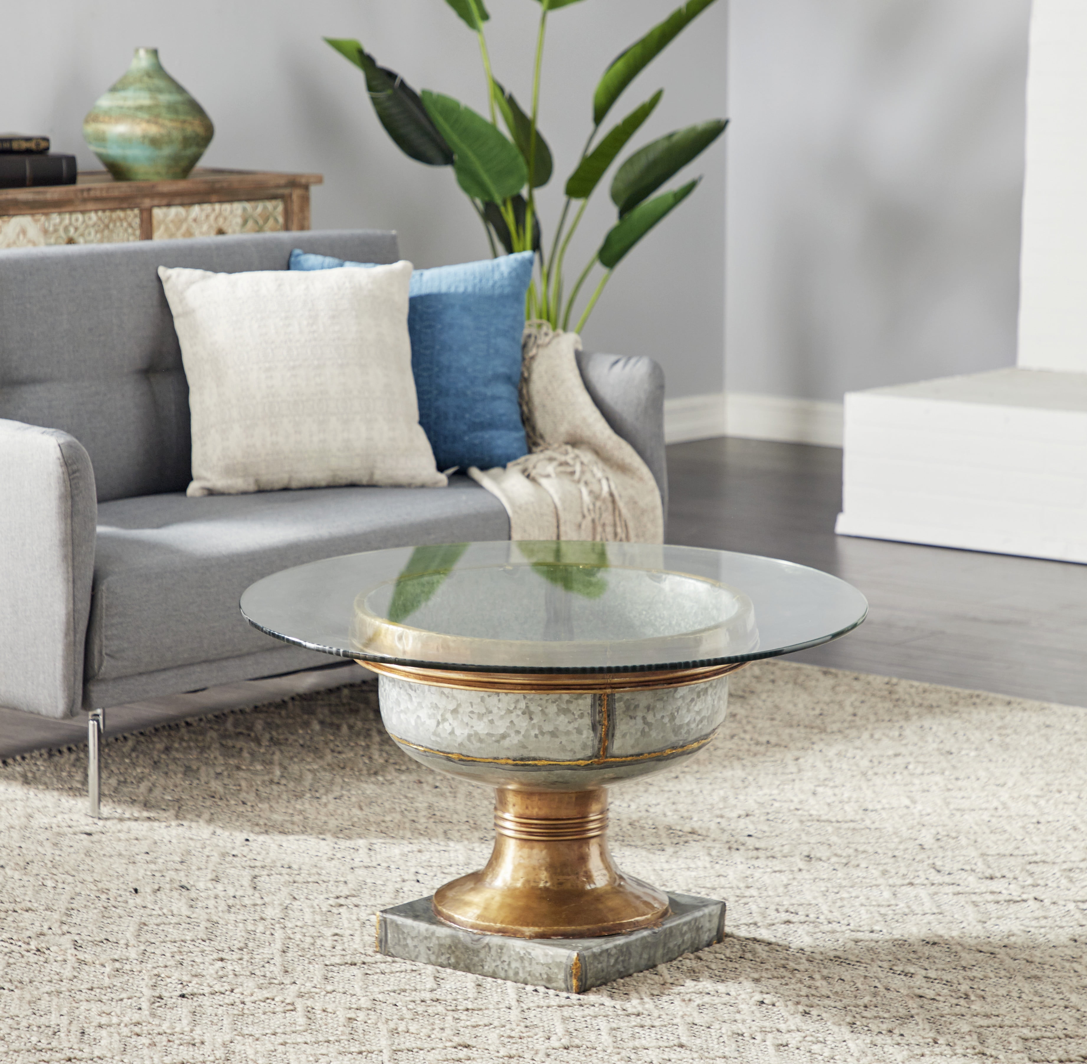 Decmode Contemporary Gray Medium Metal Coffee Table with Glass Top, 32