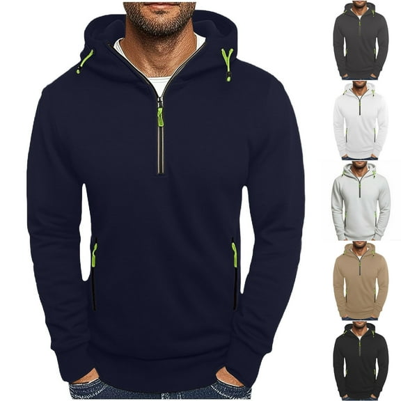 RYDCOT Men's Hoodie Half Zip Multi Pocket Pullover Hoodies Sweatshirts Casual Long Sleeve Athletic Hooded Sweat Shirt for Men White