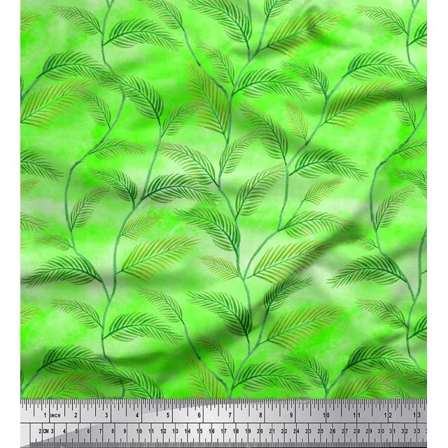 Soimoi Green Poly Georgette Fabric Pine Leaves Print Fabric by Yard 52 Inch Wide