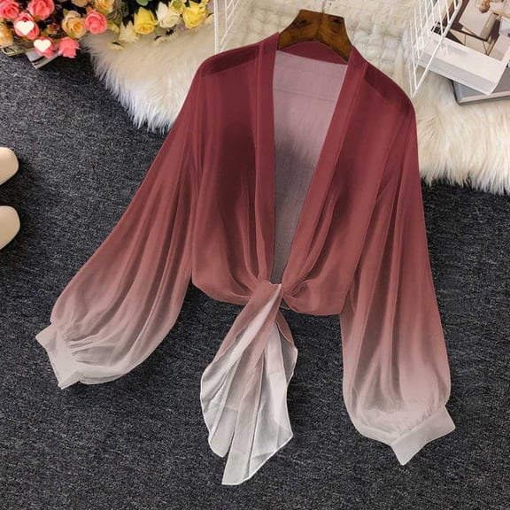 Fznquz Chiffon Women Cardigans Lightweight Cover Up Cardigan Puff Sleeve Multicolor Soft Trendy Tops