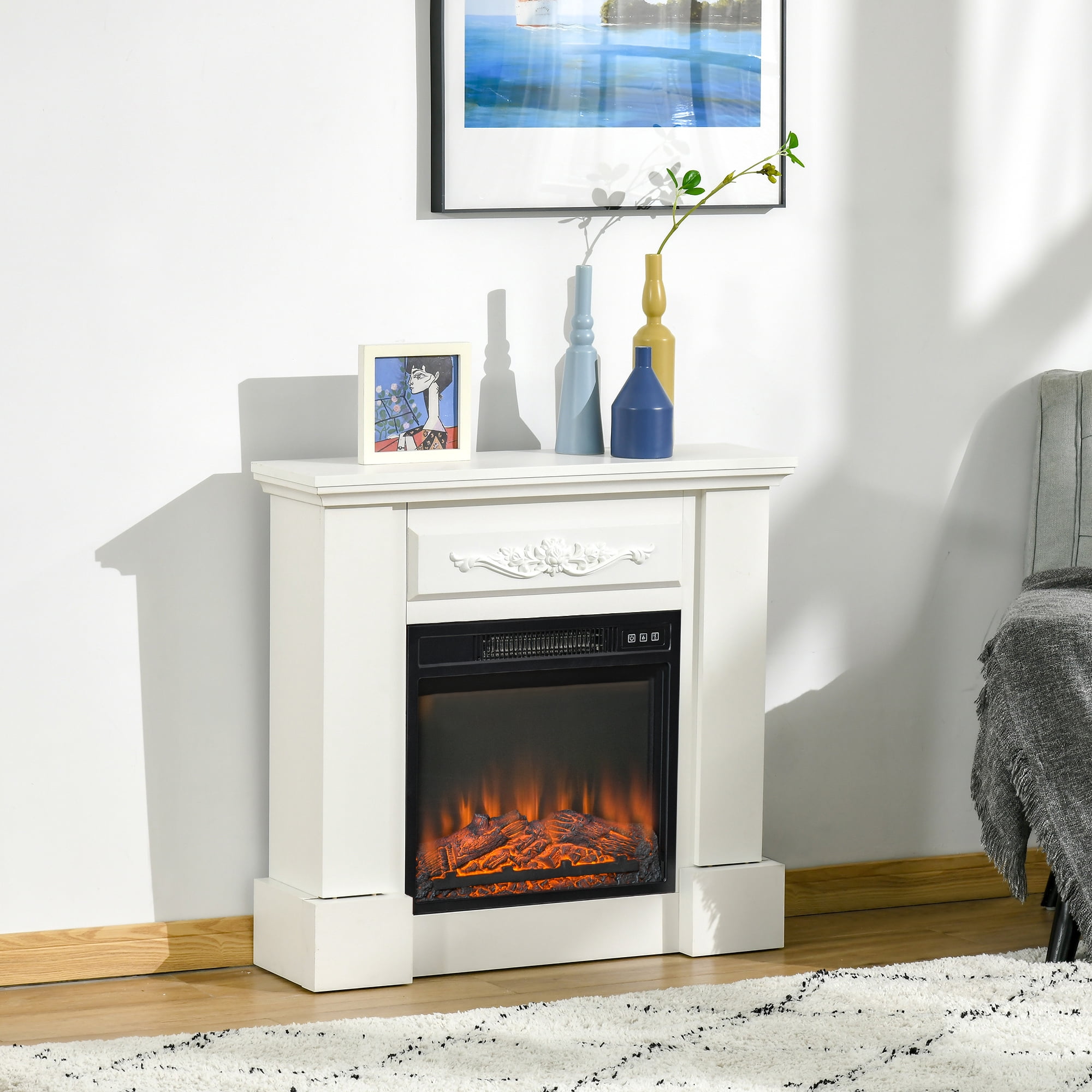 Leuco 32" Freestanding Electric Fireplace with Mantel, 1400W Heater with Remote Control, LED Log Flame, Overheat Protection, White