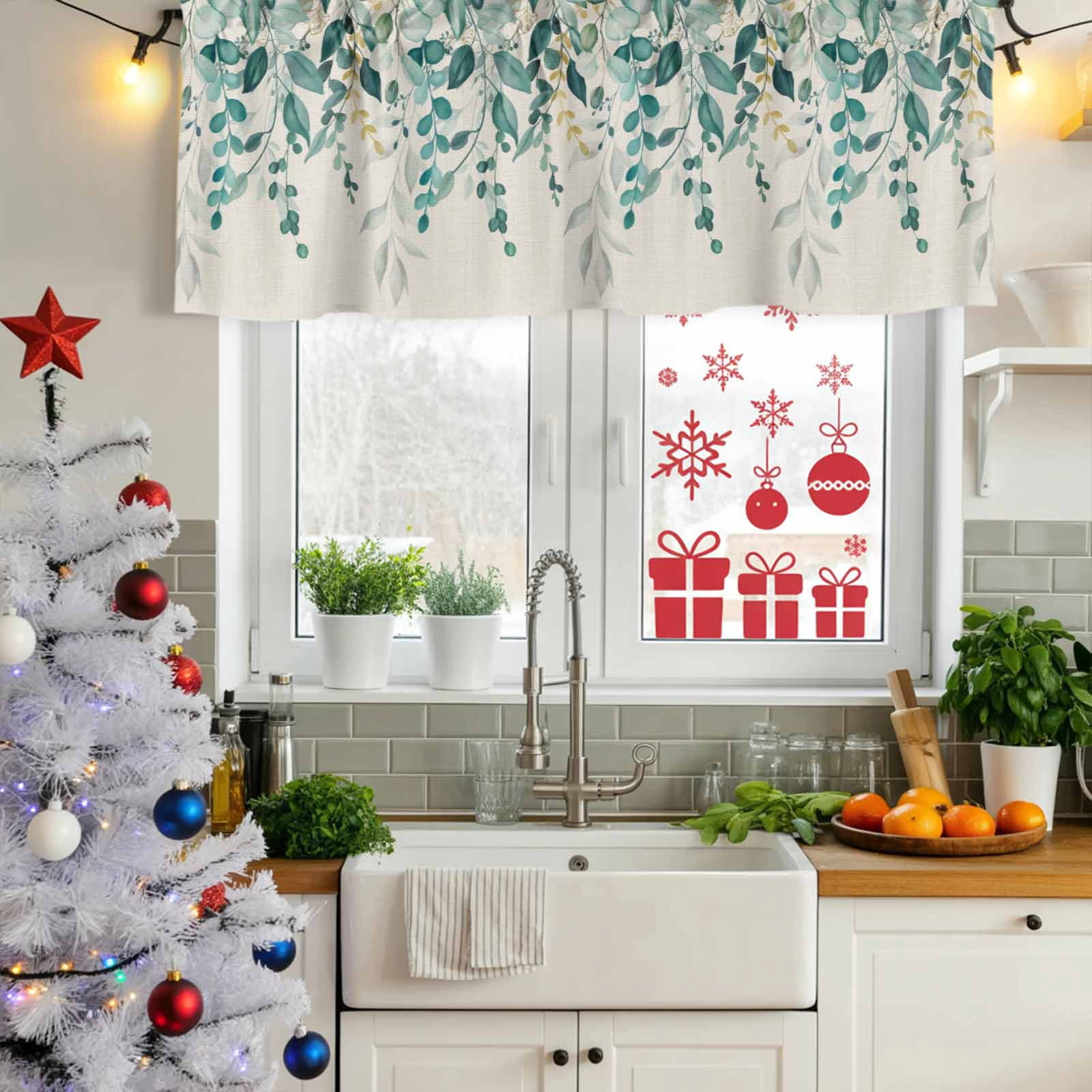 2 Pack Valances for Windows, Teal Green Eucalyptus Window Valances for Living Room/Bedroom/Bathroom, Farmhouse Weeping Leaves Linen Light Filtering Kitchen Curtain Valance 54"W x18" L
