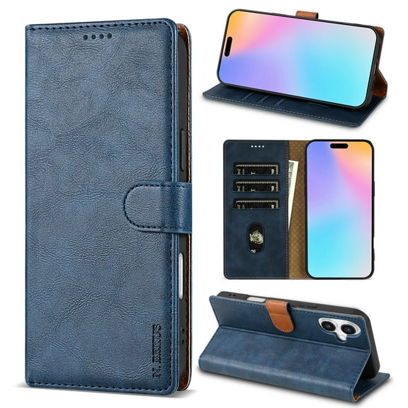 for iPhone 16 Wallet case with RFID Blocking Credit Card Holder,Flip Book Kickstand  PU Leather Magnetic Closure Protective Cover Women Men for iPhone 16 Phone Case,Blue