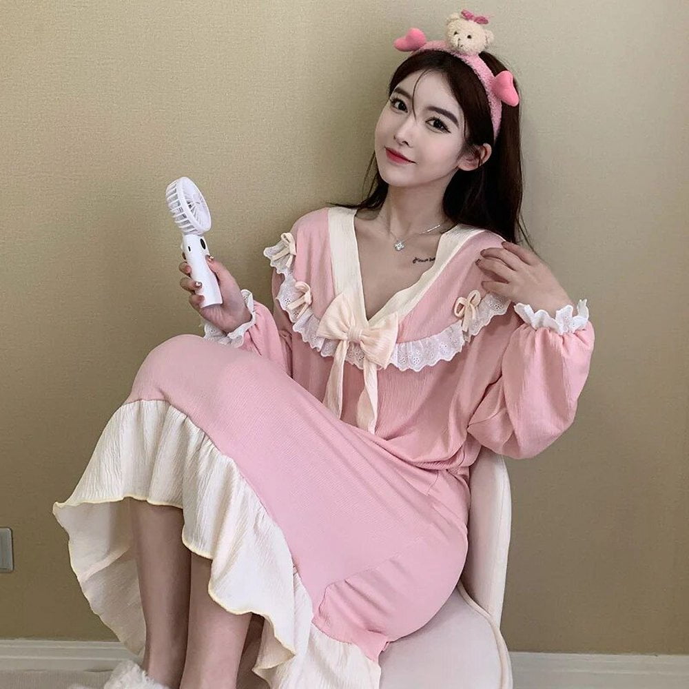 CHOK Autumn Plus Size Long Sleeve Cotton Nightgowns for Women Korean Sexy Lace V neck Sleepwear Night Dress Nightdress Homewear Walmart