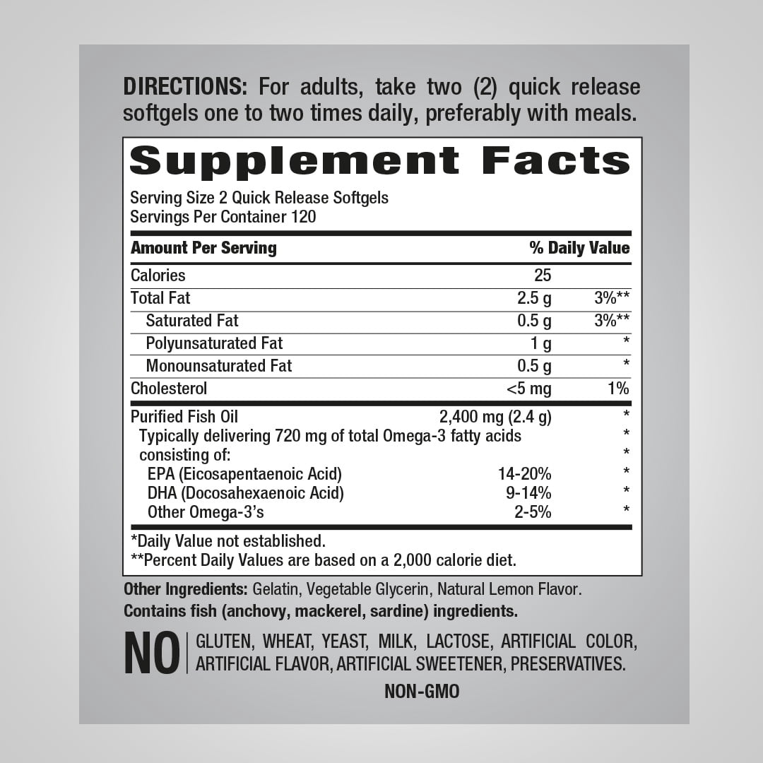 Omega-3 Fish Oil Lemon Flavor 1200 mg | 240 Softgels for Men and Women | by Piping Rock
