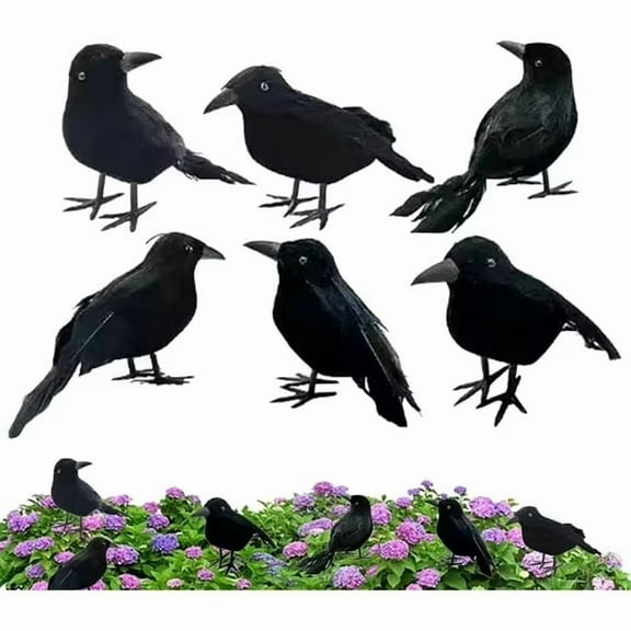 Crow Decorations,6 PCS Realistic Feathered Crows Fly and Stand Black Birds,Black Flying Birds Crows Raven Prop for Indoors/Outdoor Decoration