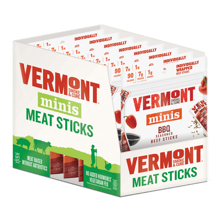 Vermont Smoke & Cure Mini Meat Stick Go Packs, Beef, Antibiotic Free, Gluten Free, BBQ, Six 0.5oz Sticks Per Pouch, Pack of 8 Pouches