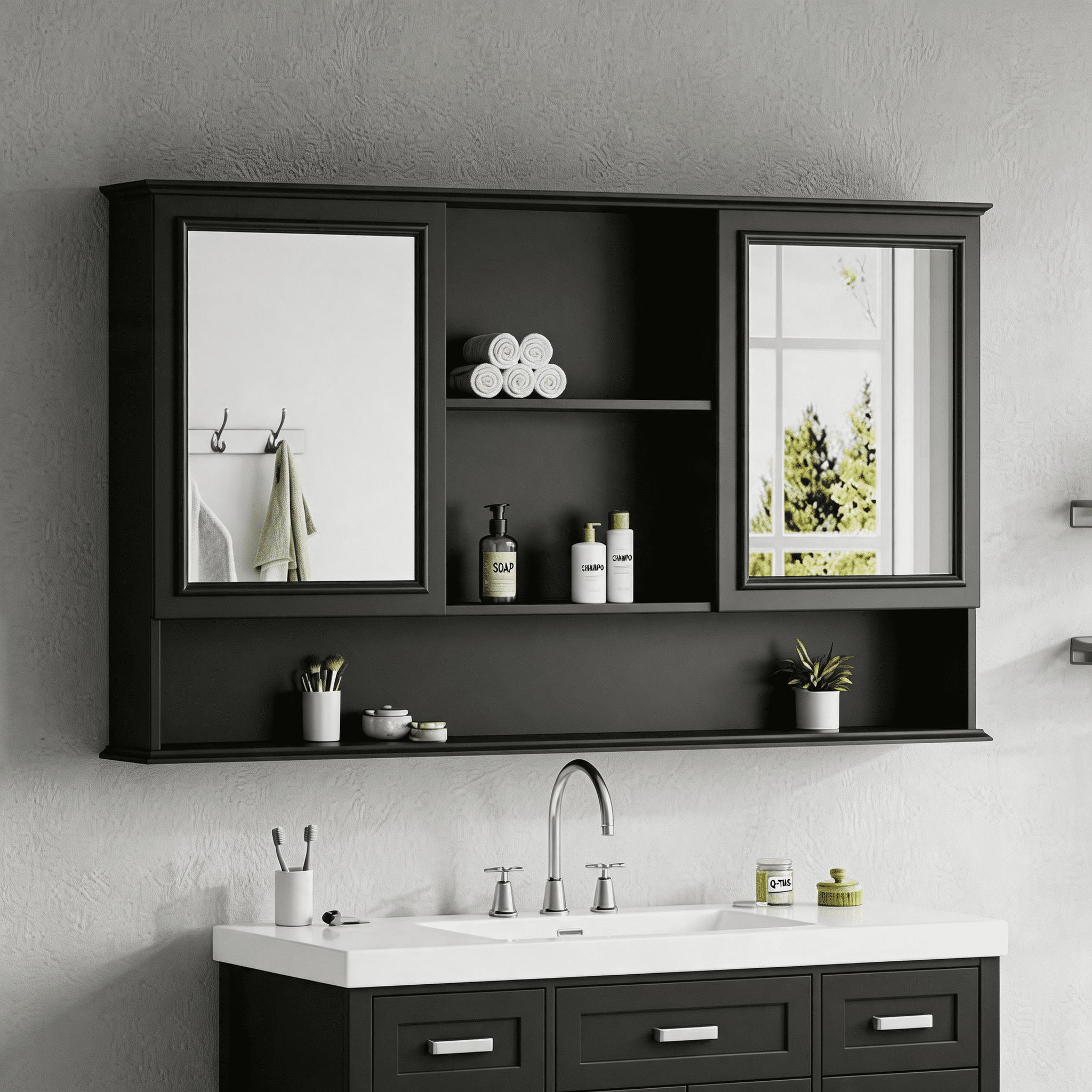 Mintazer 60" Wall Mounted Bathroom Medicine Cabinet with 2 Mirrored Doors, Adjustable Shelves & Soft Close Hinges for Bathroom Laundry Room, Black