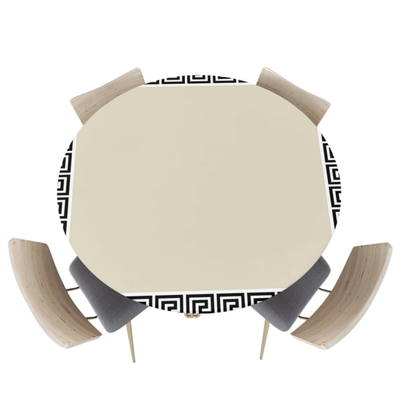 Fitted Round Tablecloths Table Covers 55-60in,Greek Geometric Key Pattern Waterproof Elastic Edged Table Cloth for Kitchen Dining Holiday Party Tables Decor,Minimalist Twist Line on Beigh