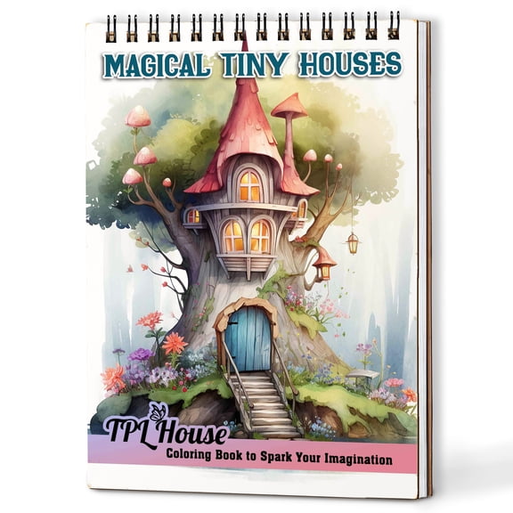 TPLHOUSE Magical Tiny Houses Coloring Book Spiral Bound for Adults, A5 Wooden Cover, 30 Magical Homes Coloring Pages of Miniature for Stress Relief and Relaxation