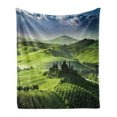 thumbnail image 1 of Nature Soft Flannel Fleece Throw Blanket, Rising Sun in the Valley Dark Cloudy Sky Landscape Dramatic Pastoral Heaven Print, Cozy Plush for Indoor and Outdoor Use, 60" x 80", Green Blue, by Ambesonne, 1 of 6