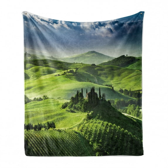 Nature Soft Flannel Fleece Throw Blanket, Rising Sun in the Valley Dark Cloudy Sky Landscape Dramatic Pastoral Heaven Print, Cozy Plush for Indoor and Outdoor Use, 60" x 80", Green Blue, by Ambesonne