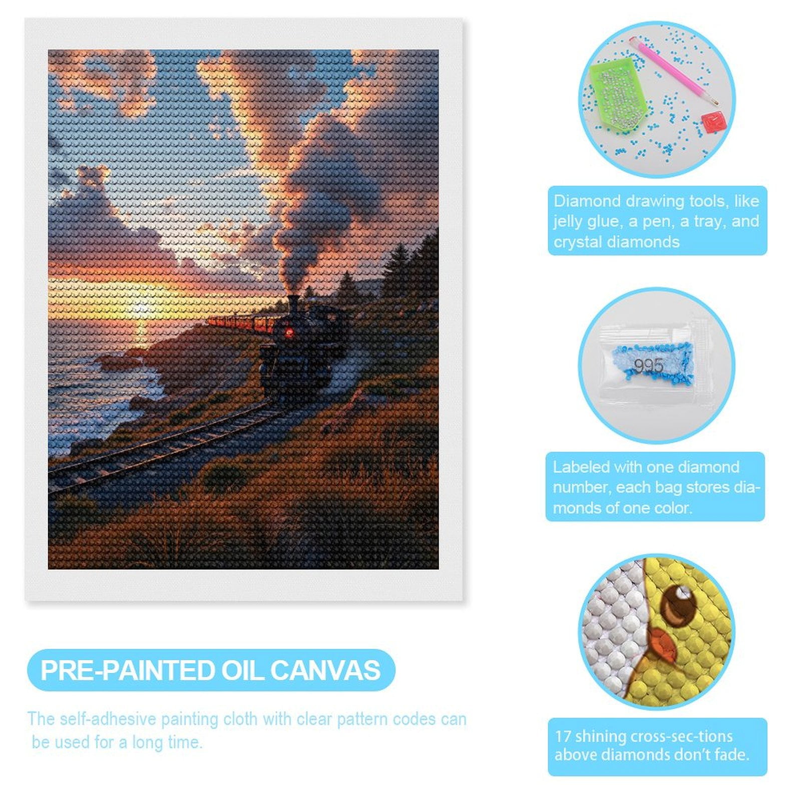 Diamond Art Kits for Adults, Train Sunset Coastal Landscape Scenery 5D Diamond Painting Kits for Adults Beginners, DIY Full Drill Diamond Painting, Gem Art and Crafts 12x16