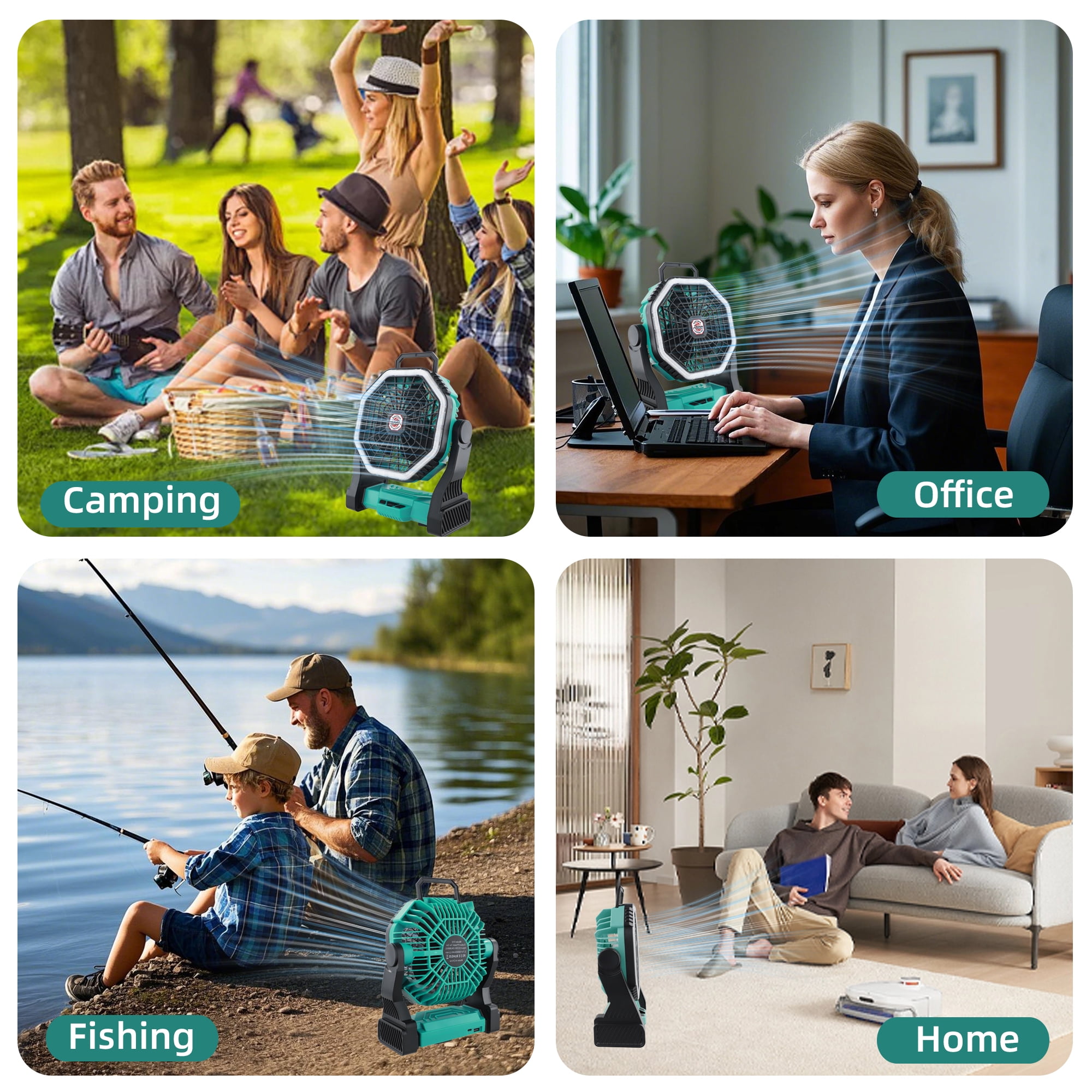 Roykaw Portable Fan for Travel, 10400 mAH Rechargeable Camping Fan, Cordless Battery Powered Fan with Led Light, Battery Fan with Handle, Hang Hook for Tent, Fishing, Hurricane Fan for Bedroom, Green