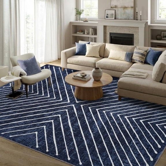 Striped Rugs for Living Room, 10x13 Area Rugs Ultra-Thin Soft Washable Rug, Non-Slip Bedroom Rug Stain Resistant Lightweight Boho Low-Pile Throw Rugs for ‎Dining Room Office.Blue