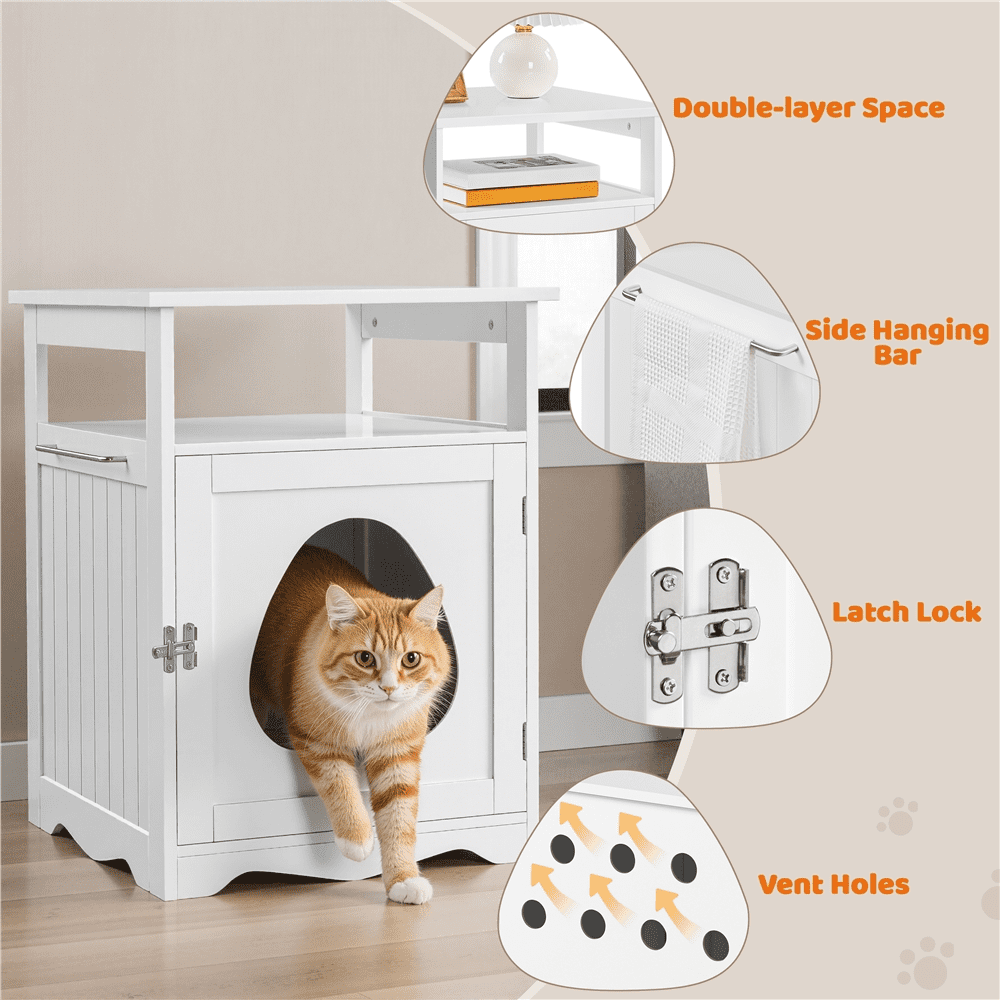 Yaheetech Indoor Wooden Cat Litter Box Enclosure with Open Shelf, White