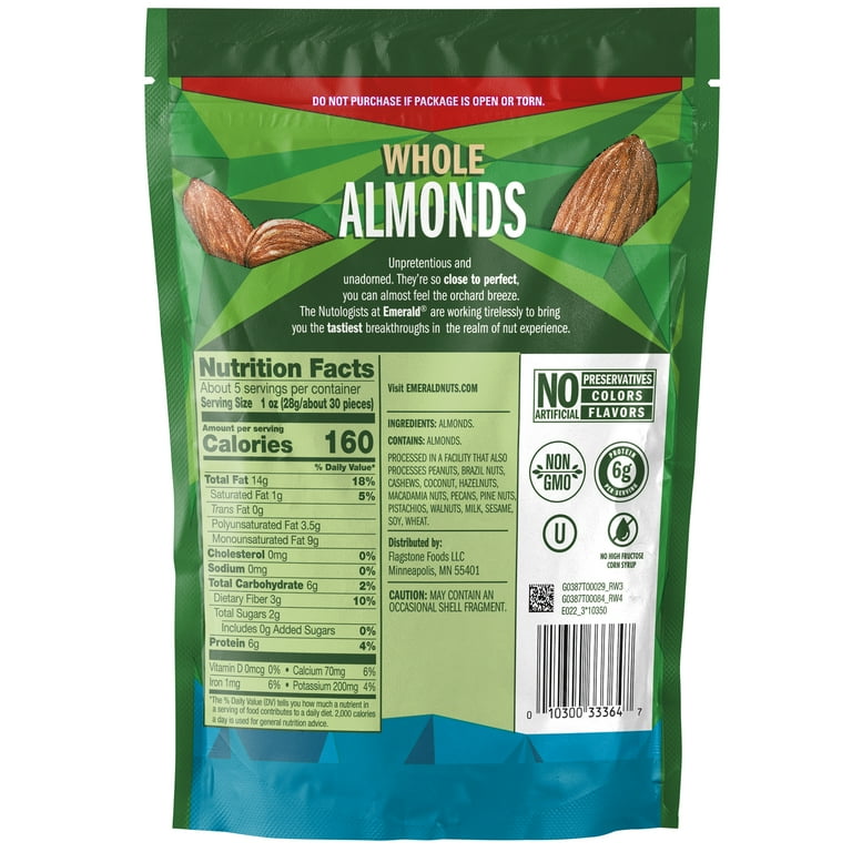 Emerald Whole Almonds, 5 Oz Resealable Bag, Unsalted, Nutritious
