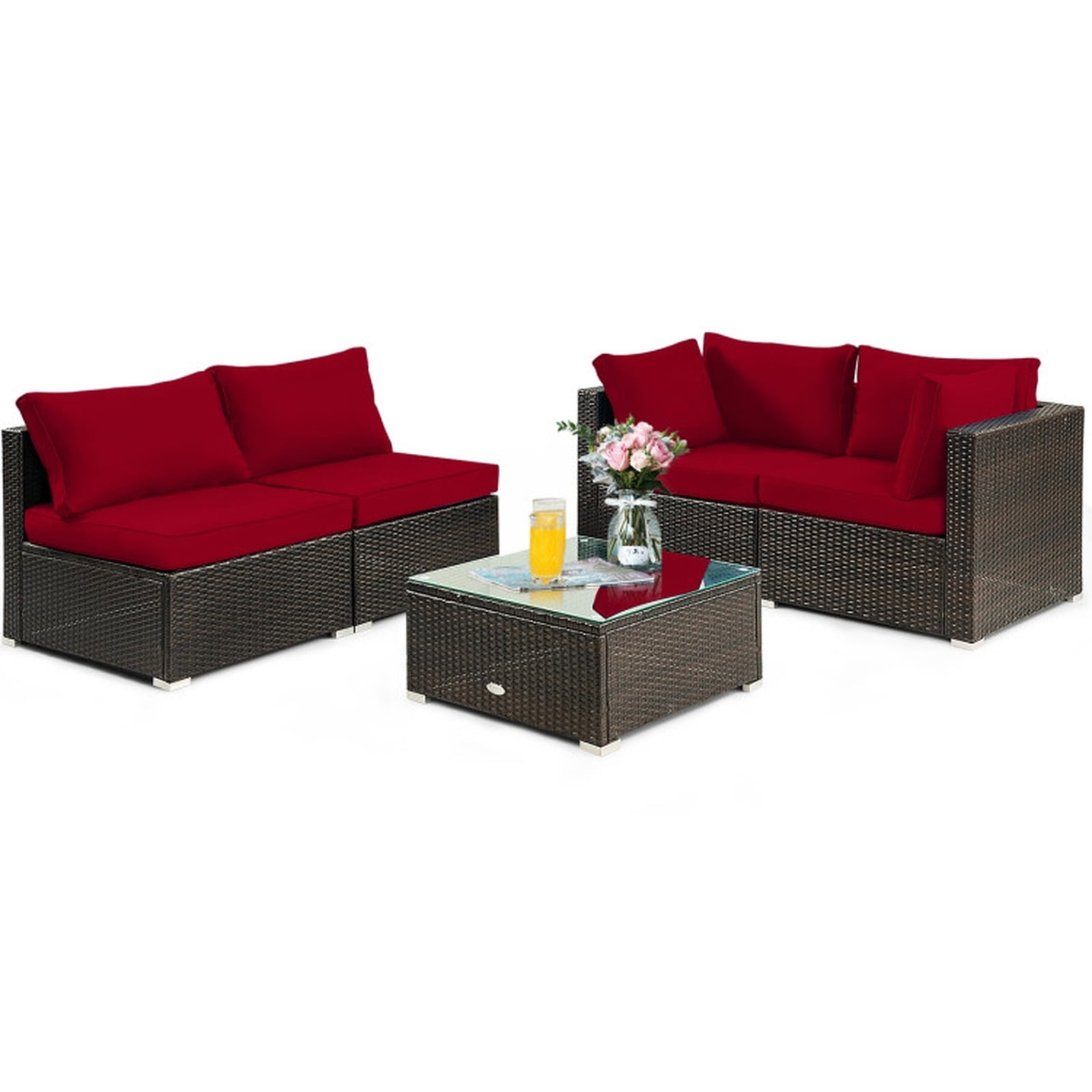 Furnibear 5 Piece Cushioned Patio Rattan Furniture Set with Glass Table, Outdoor Wicker Conversation Set with 4 Chairs for Garden Backyard, Red