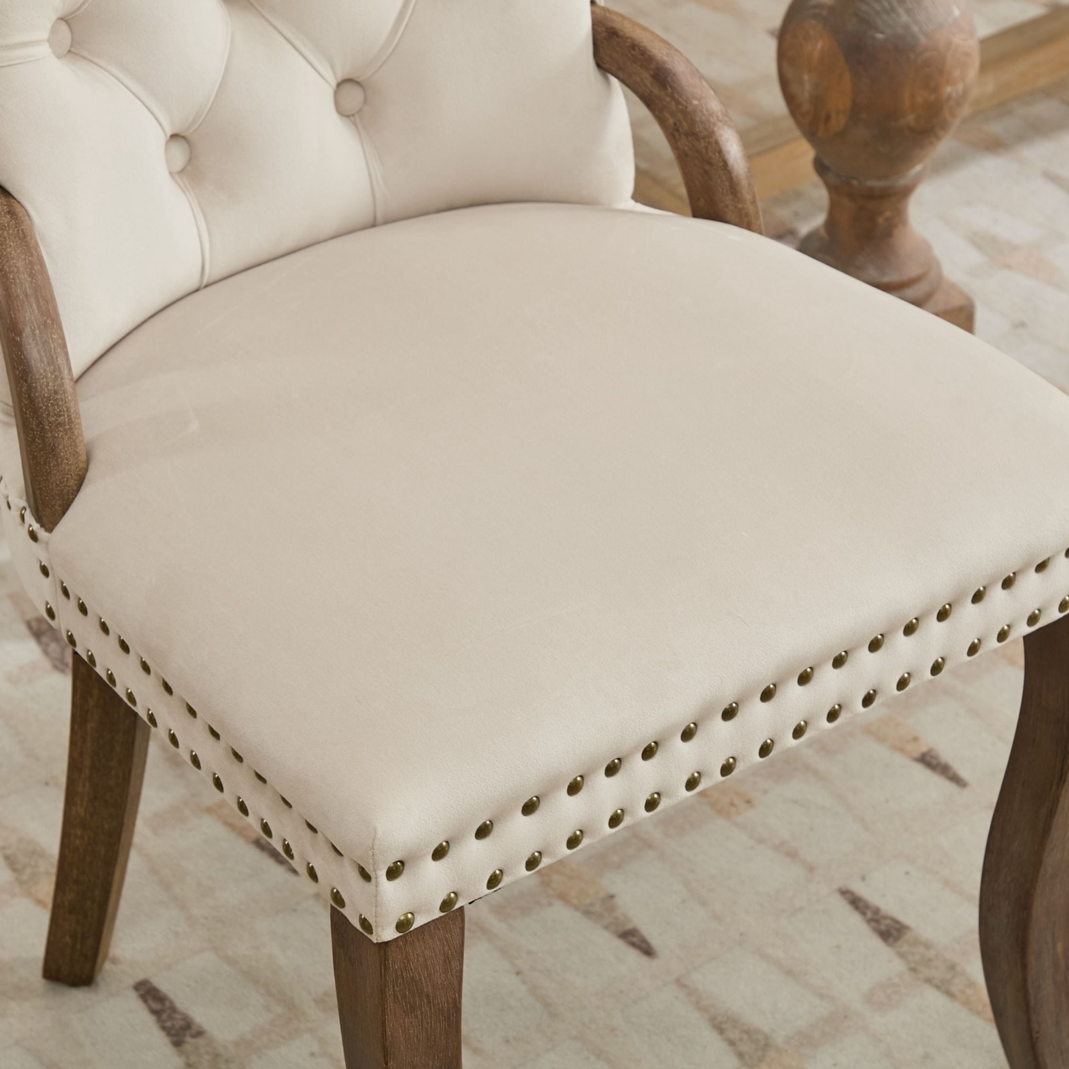 Noble House Set of 2 Dining Chairs with Tufted Velvet Upholstery, Copper Nailhead Trim, Beige