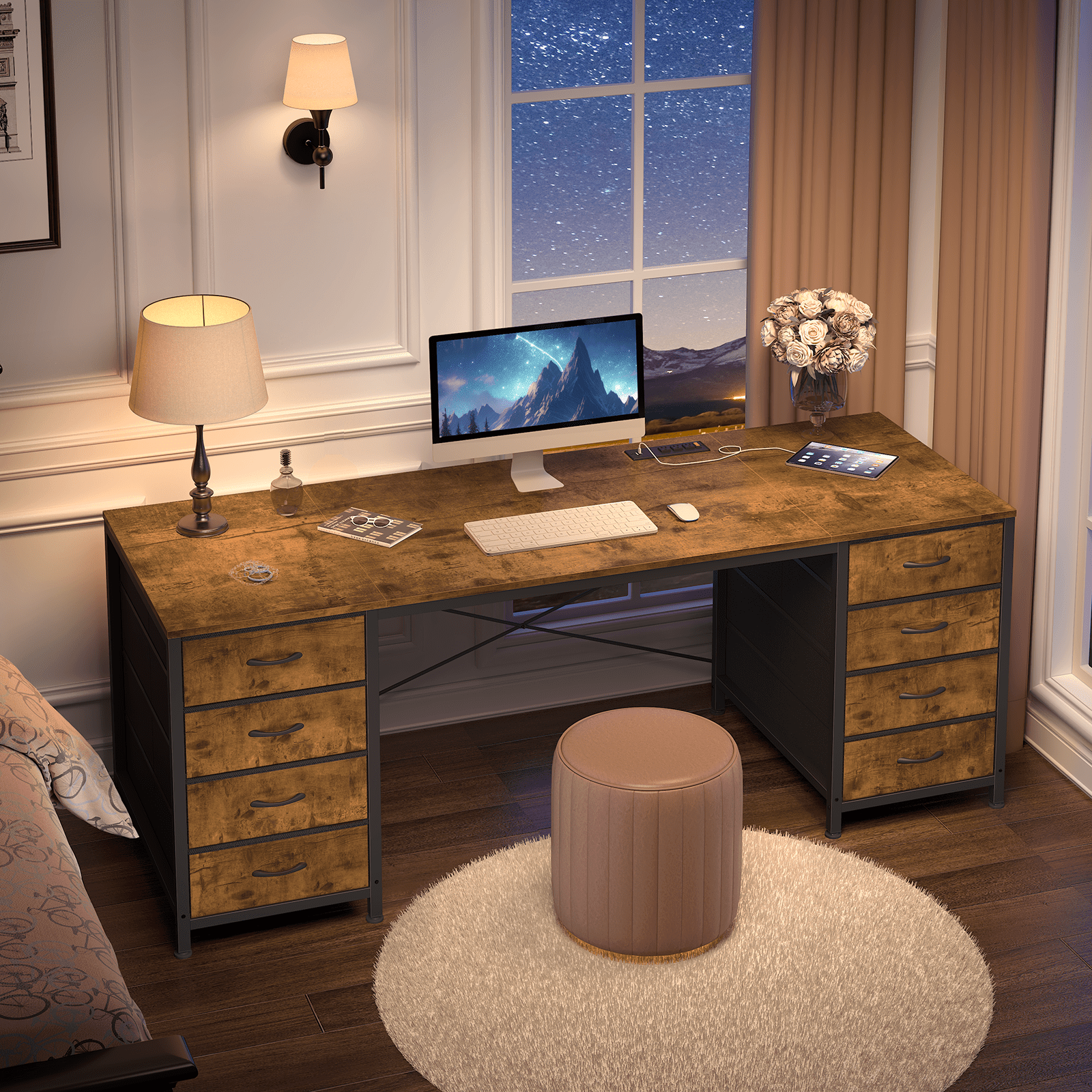 60 Inch Computer Desk with 8 Drawers, Home Office Desk with Power Outlets, Work Study Gaming Desk with 8 Fabric Drawers, Rustic Brown