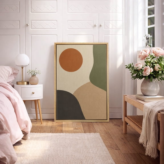 Framed Canvas Print Wall Art Abstract Hills with Sun Print Minimalist Landscape Artwork For Living Room Decor - 16"x24" NATURAL