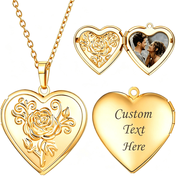 DESIGNICE Locket Necklace for Women,Silver/Gold/Rose Gold Custom Photo Text Necklaces,Flower Heart/Round Shape Personalized Picture Pendant Necklace 18"