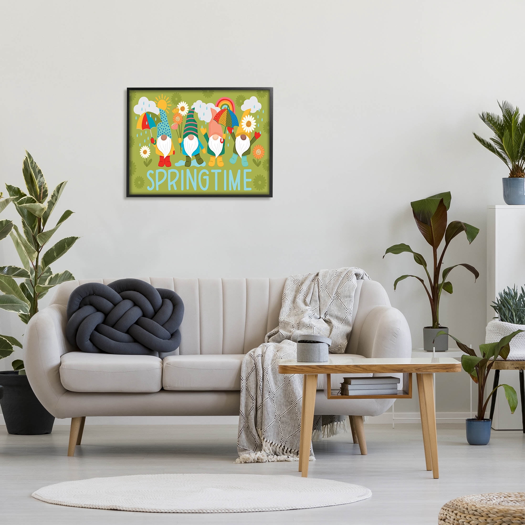 Springtime Rainy Garden Gnomes Holiday Graphic Art Black Framed Art Print Wall Art