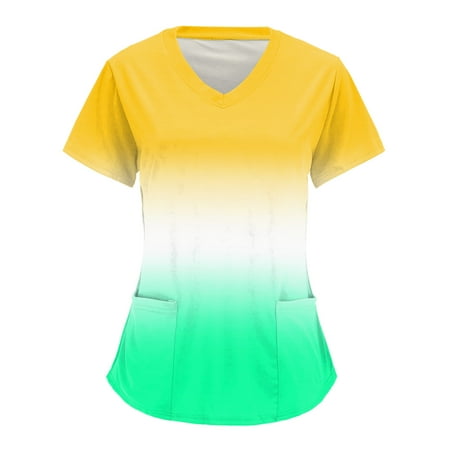 

Women Scrubs Top Nurses Clothing Workwear Uniforms Gradient Santa Snowman Short Sleeve V-Neck Workwear TShirt Top Blouse With Pockets