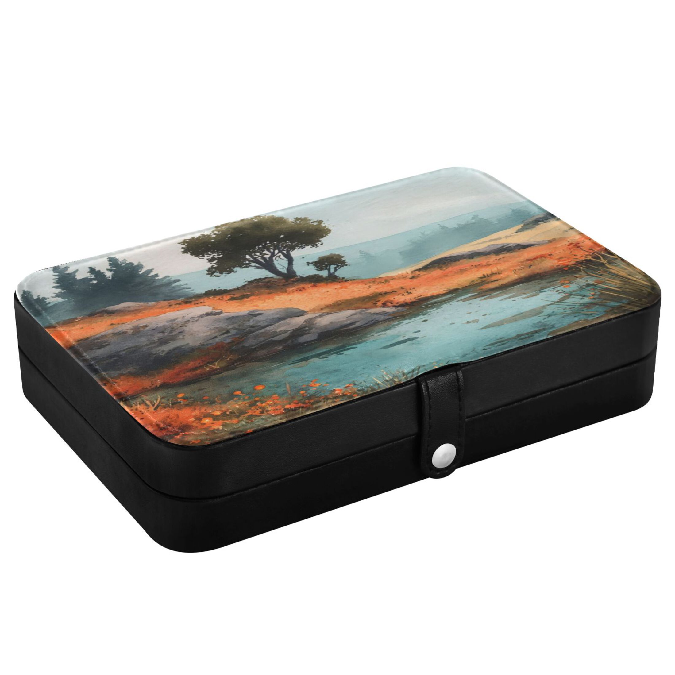 Leather Jewelry Box Rectangular 8.27x5.5x1.78In Travel Jewelry Storage Earrings Necklace Bracelet Watch Brooch Storage Watercolor Tree