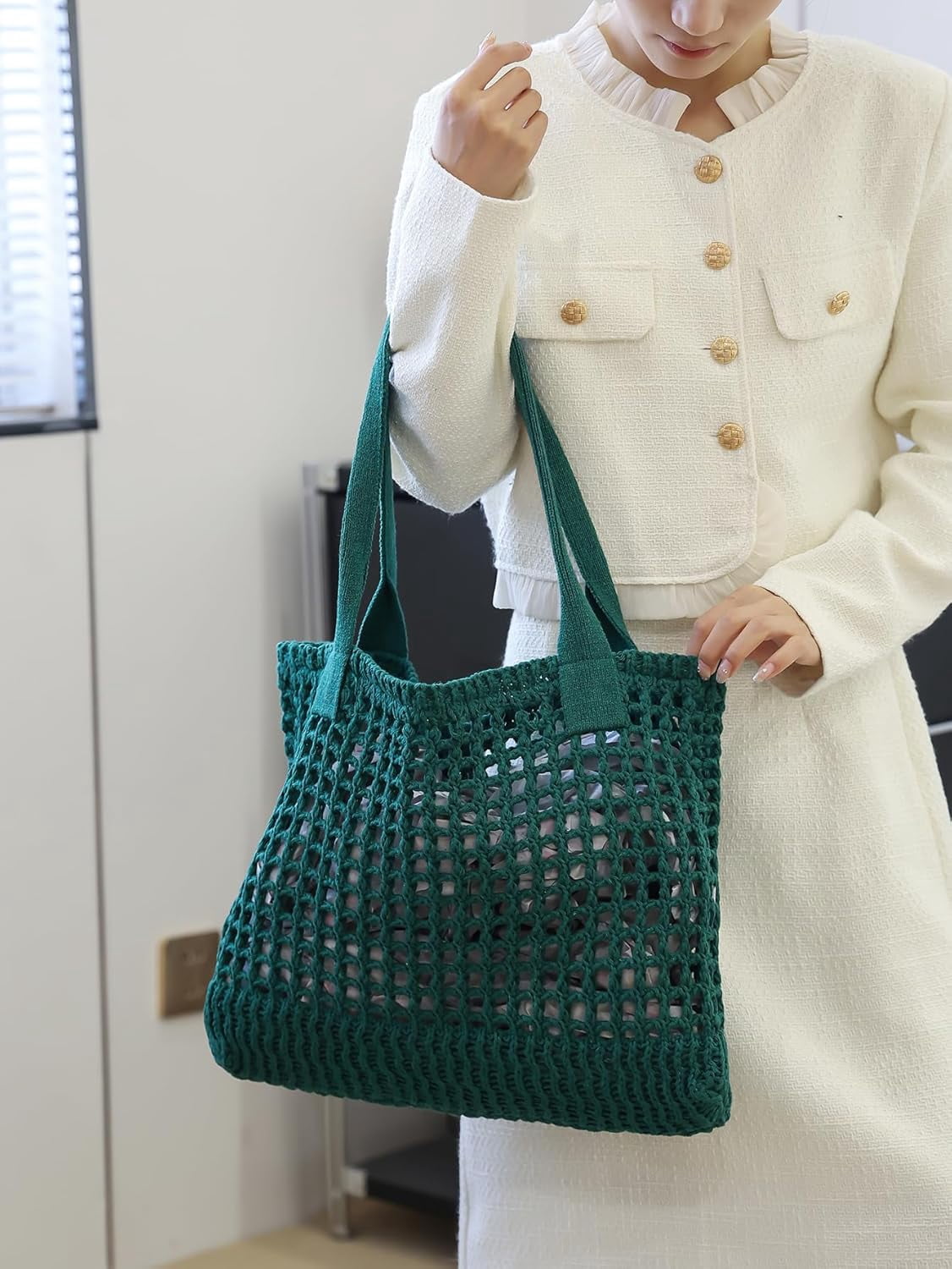 CAILDANL Women's Beach Tote Bag, Crochet Knit Hollow Design, Stylish Tote for Beach,Travel and Everyday Use Aesthetic Handbag