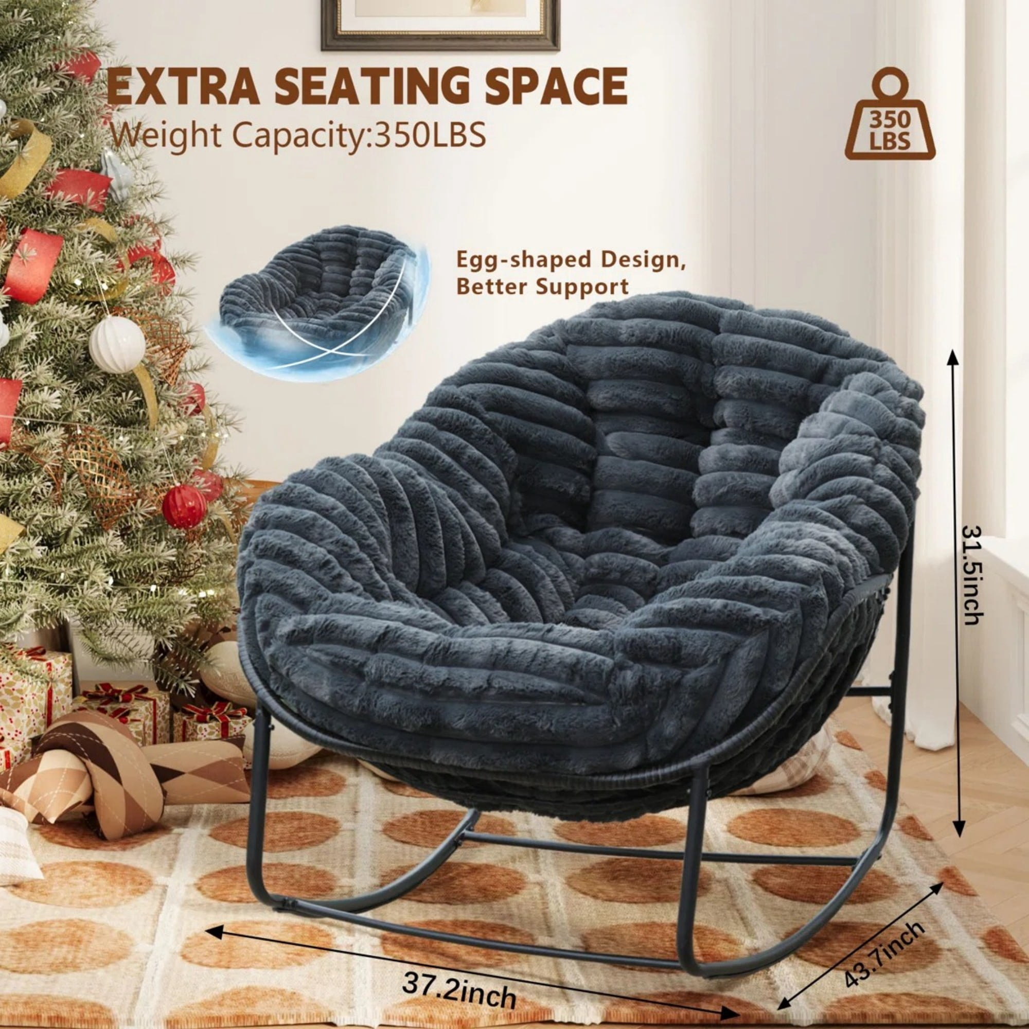 Outdoor Papasan Rocking Chair, Oversized Egg Chair with Cushion, Wicker Rattan Patio Rocker, Indoor Outdoor Lounge Chair for Porch Garden Living Room, Dark Gray