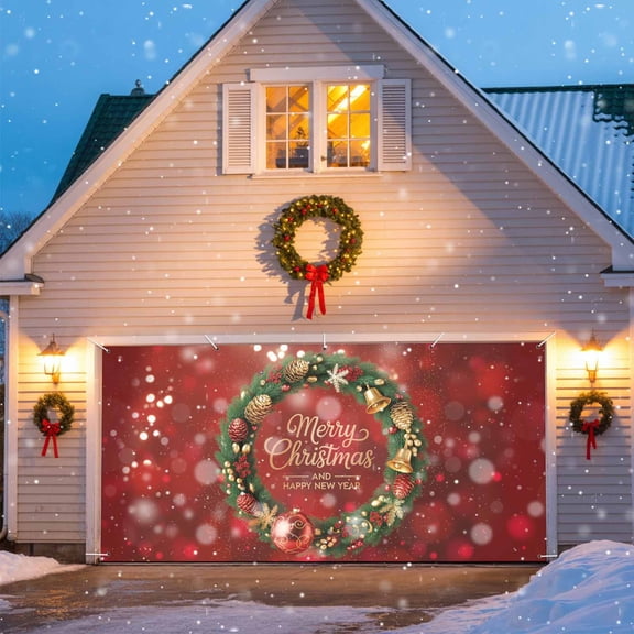 Christmas Balls Wreath Christmas Garage Door Decorations, 6x13ft Garage Door Cover Banner with Grommets, Outdoor Garage Door Backdrop Mural for Holiday Party Wall Decor, Pine Cones Branch Snowflakes